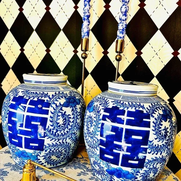 Pair Blue & White Double Happiness Ginger Jar + LID – Hand-Painted Porcelain - Picture 3 of 8